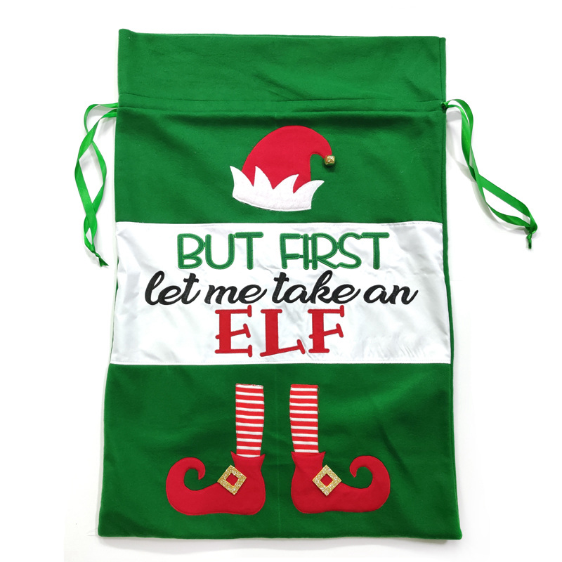 Bag Drawstring Plush Embroidery Fabric Elf Christmas Gift Bags