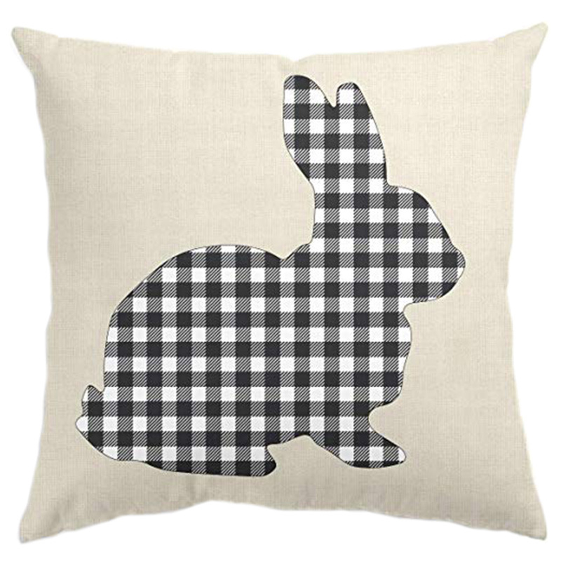 Embroidered Linen Cover Plaid Decorative Case Bunny Easter Pillow