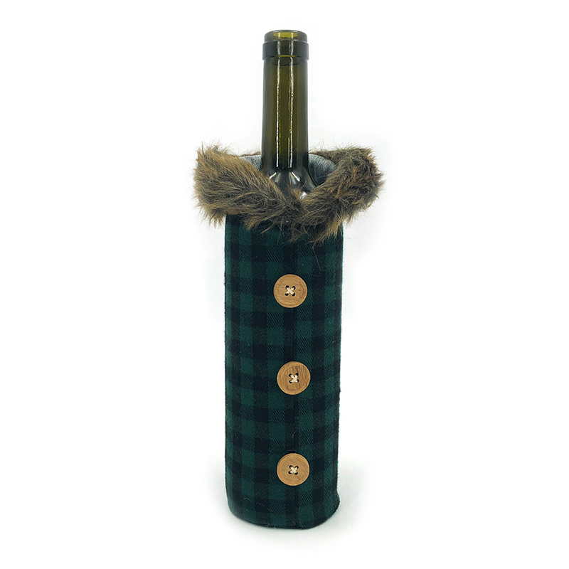 Buffalo Plaid Fur Bag Christmas Wine Bottle Cover Decoration