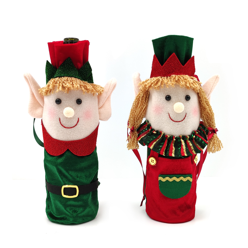 PL7C641AB 13.5寸圣诞精灵红酒袋 平绒 天鹅绒 酒类装饰 半立体 13.5inch Christmas Elf Wine Bag Velvet Wine Decor Promotional Gift .jpg