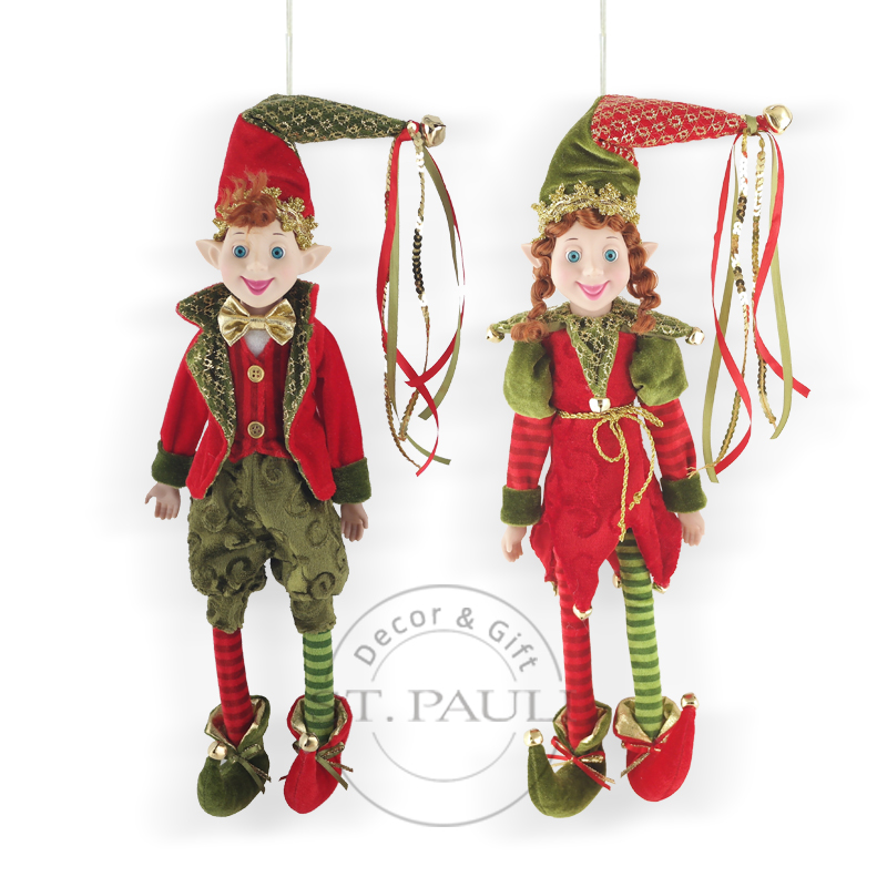 PL18804AB 18寸圣诞吊饰精灵 丝绒 丝绒压花 珠片丝带 8inch Christmas elf ornament Velvet Velvet embossing Bead ribbon.jpg