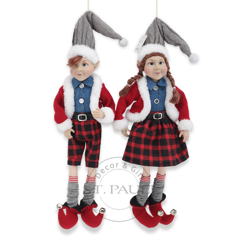 PL18834AB 18寸圣诞男女精灵吊饰 针织布 色织布 吊饰 18inch Christmas Boy Girl Elf Ornament Meryas Buffalo Plaid Ornament” .jpg
