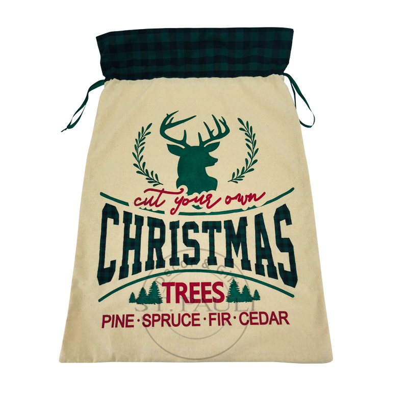 Christmas Drawstring Bag Plaid Deer Candy Small Bags