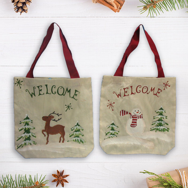 Christmas Tote Bag Linen Fabric Deer Bag Gift Bags Large