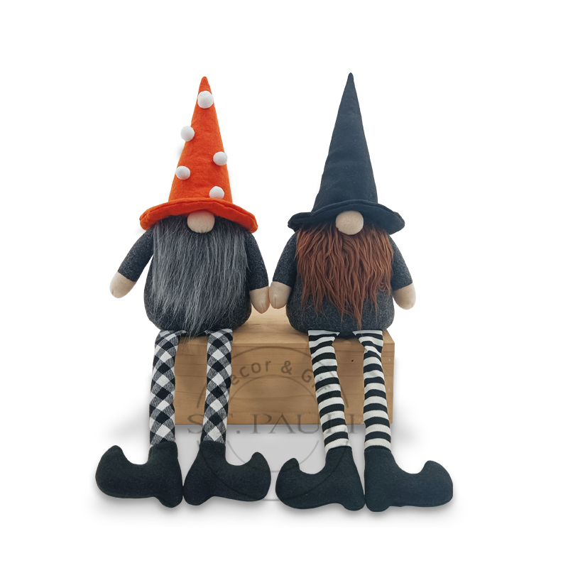 PL2B104AB 19'' 万圣节长腿坐姿地精 长毛绒 黑白格 桌面摆饰 Halloween Gnome With Long Legs Sitting Plush Black-White Plaid Tabletop 白底图 .jpg