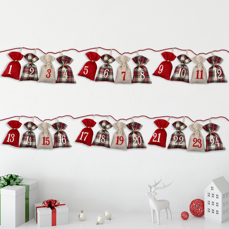 Christmas New Designs 24 Days Scottish Grid Linen Stocking Garland Delights Holiday Decor