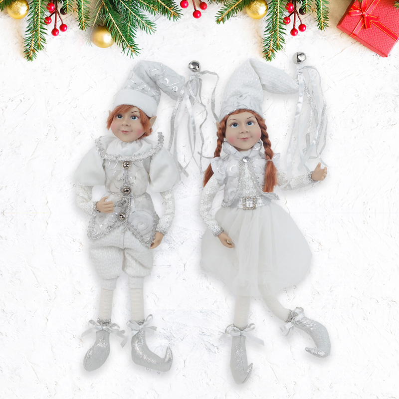 Magical Christmas Silver White Boy and Girl Elf Velvet Sequins Fabric Mesh