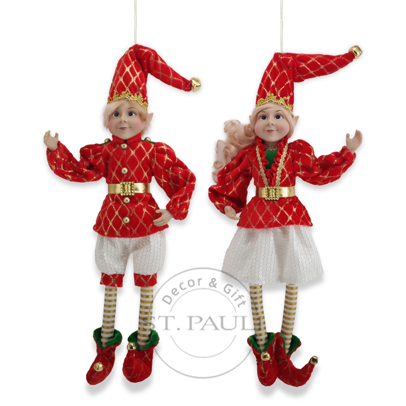 PL18833AB 18寸圣诞精灵娃娃吊饰 丝绒烫金菱形格，网纱 珠片 18inch christmas Elf doll Ornament Velvet Mesh Sequins .jpg