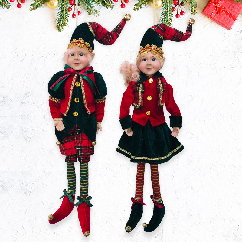 2 Piece Red- Green Christmas Vintage Style Boy Girl Elf Doll Ornament