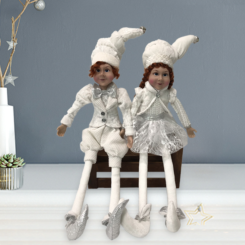 Christmas Elf Doll Figurines Sliver White Big Head Elf Sitting