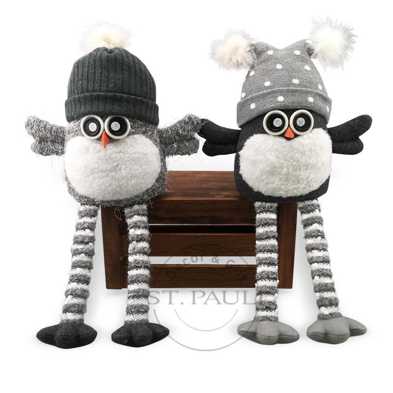 17 inch Christmas Black Gray White Cute Owl Long Legs Plush Toy Sitting 2 Asst