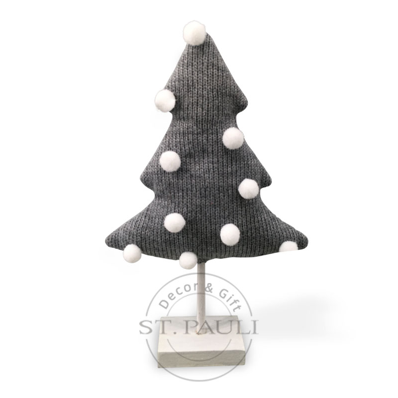 PL7F514 9寸灰白色圣诞树摆件 毛织布 绒球 桌面小摆饰 9inch Christmas Gray White Tree tabletop Knitted Fabric Pompom Small tabletop .jpg