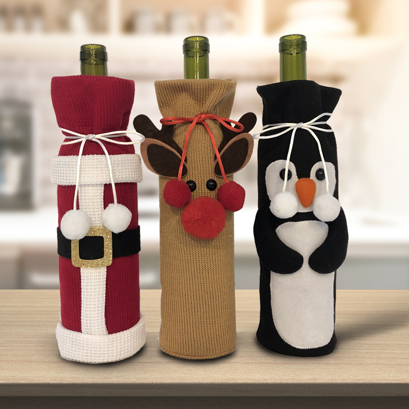 Christmas Decor 3pcs  Santa Drawstring Wine Bottle Bags Rib Fabric