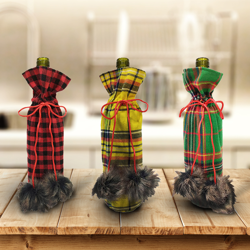 Christmas Drawstring Wine Bottle Bags Buffalo Plaid High-pile Fabric