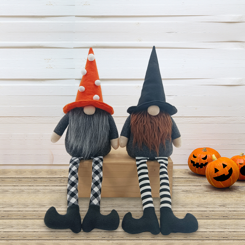 Halloween Gnome With Long Legs Sitting Plush Black-White Plaid