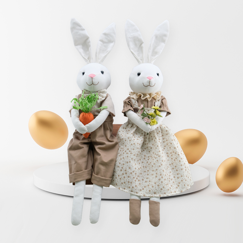 Country Cottage Dressed Bunny Couple with Garden Accessories