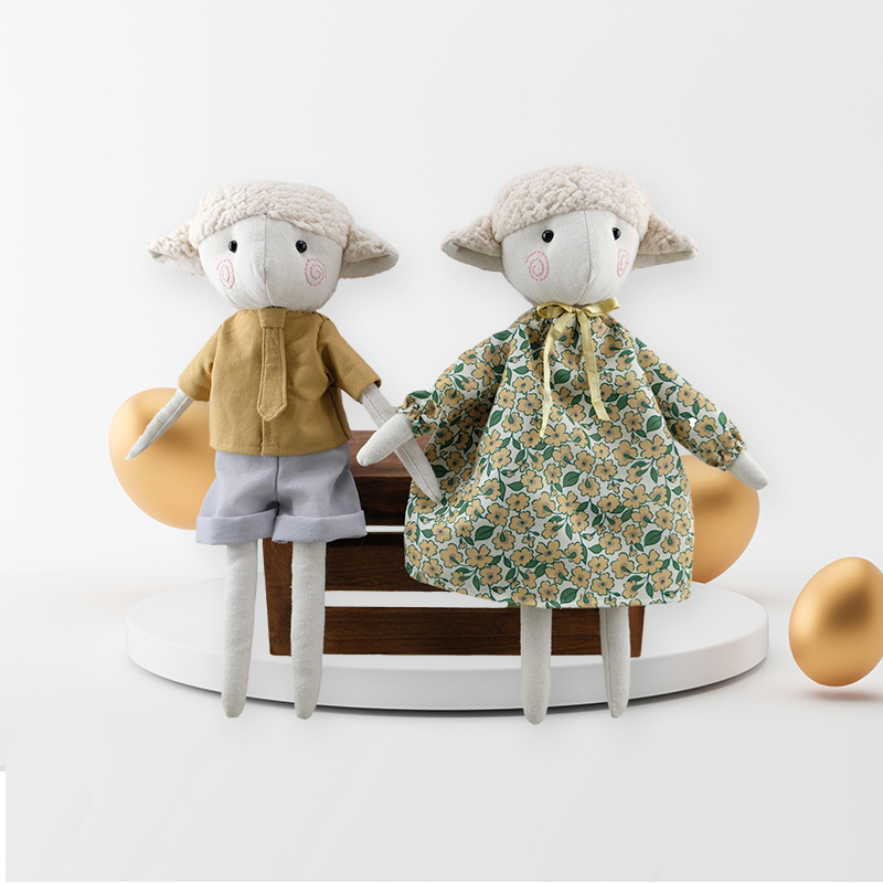 Pastoral Sheep Duo in Vintage Attire Vintage-Inspired Plush Sheep Duo