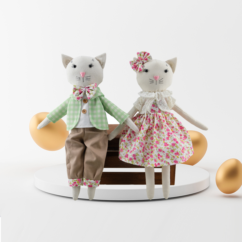 Polyester Cat Duo Chic Feline Friends in Spring Fashion Tabletop Decor
