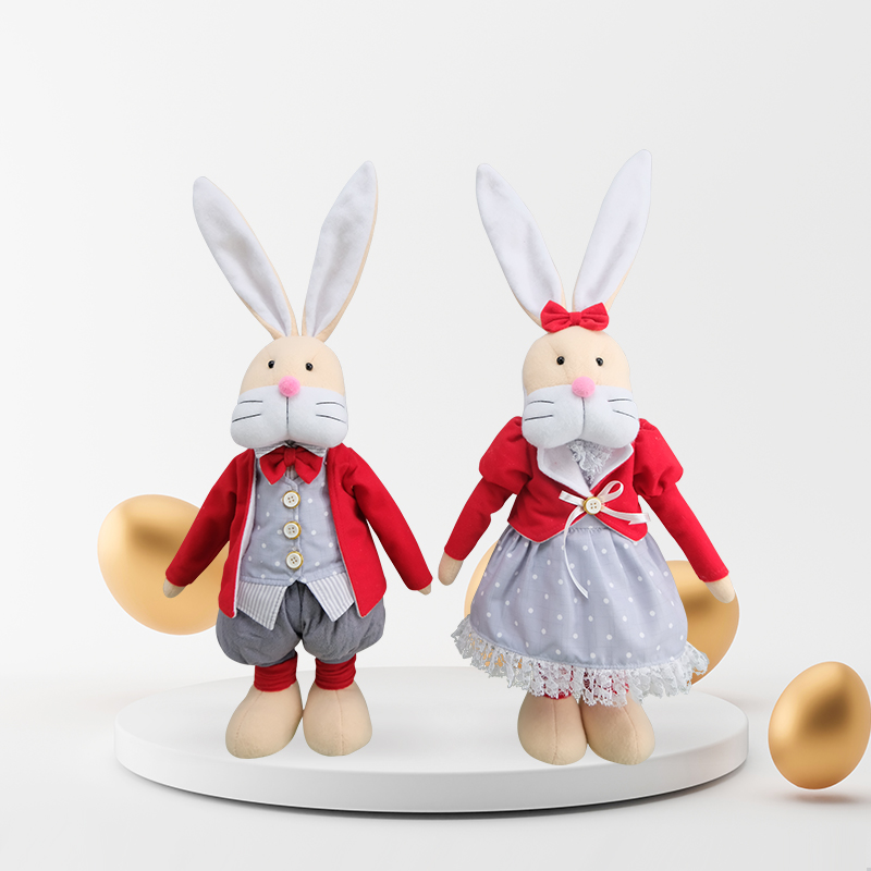 Red Jacket Bunny Duo with Classic Attire Tabletop Decoration