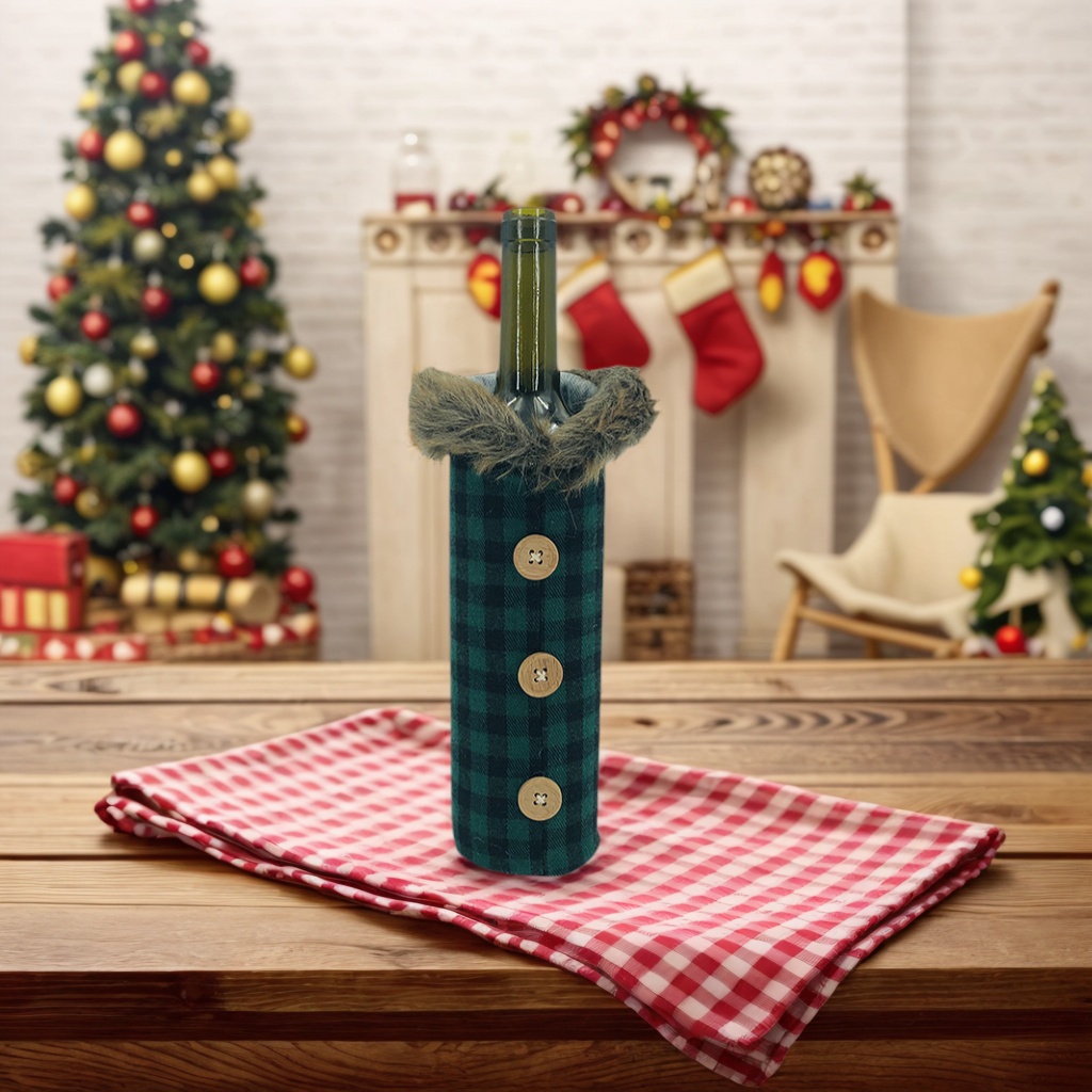 Buffalo Plaid Fur Bag Christmas Wine Bottle Cover Decoration